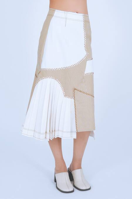 Shop_Leh Studios_Beige 100% Cotton Print Striped Bamboo Repurposed Skirt _Online_at_Aza_Fashions