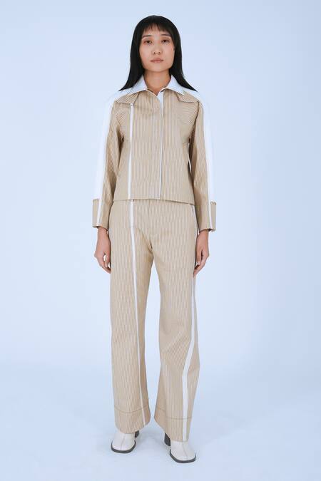 Shop_Leh Studios_Beige 100% Cotton Print Striped Bamboo Tapered Pant _at_Aza_Fashions