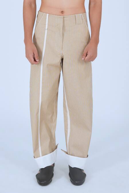 Buy_Leh Studios_Beige 100% Cotton Print Striped Bamboo Tapered Pant _Online_at_Aza_Fashions