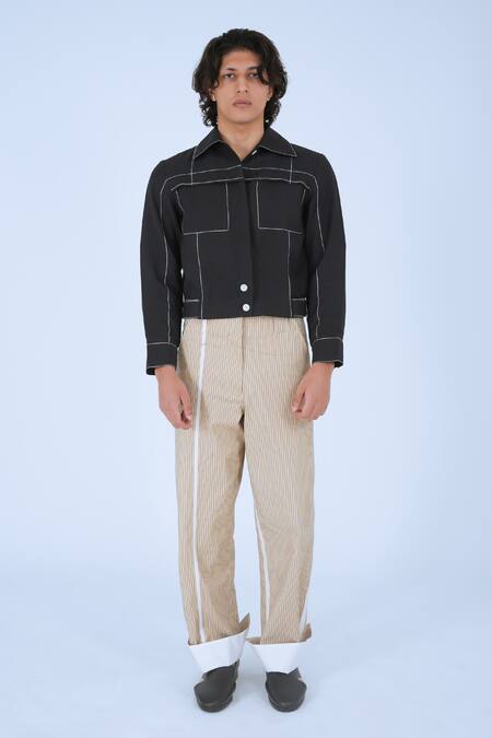 Shop_Leh Studios_Beige 100% Cotton Print Striped Bamboo Tapered Pant _Online_at_Aza_Fashions