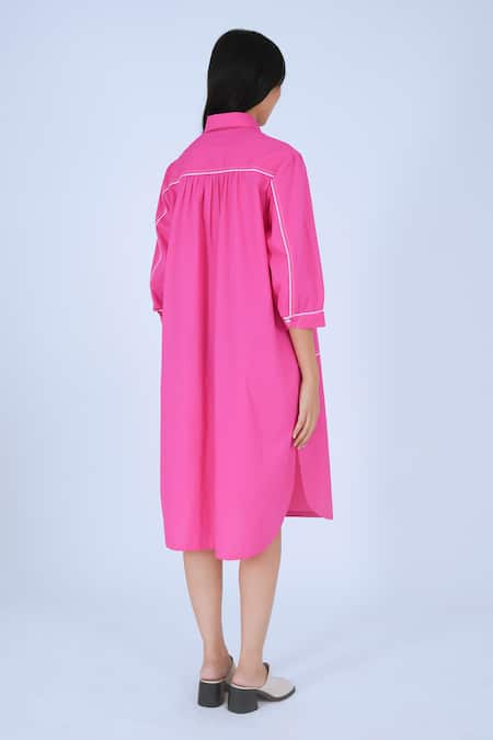 Shop_Leh Studios_Pink Cotton Piping Collared Broken Fence Shirt Dress _at_Aza_Fashions