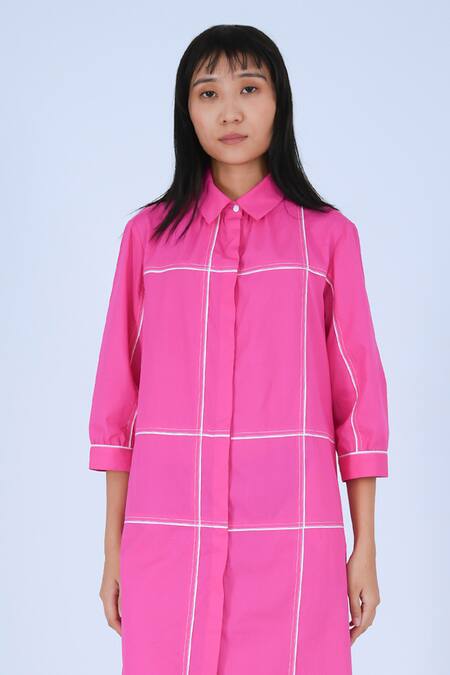 Leh Studios_Pink Cotton Piping Collared Broken Fence Shirt Dress _Online_at_Aza_Fashions