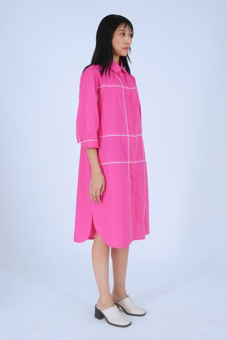 Buy_Leh Studios_Pink Cotton Piping Collared Broken Fence Shirt Dress _Online_at_Aza_Fashions