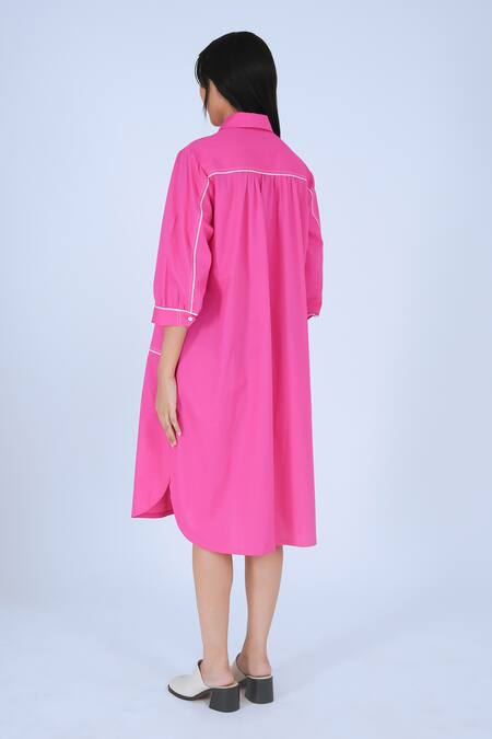 Shop_Leh Studios_Pink Cotton Piping Collared Broken Fence Shirt Dress _Online_at_Aza_Fashions