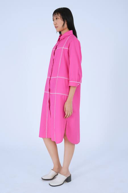 Leh Studios_Pink Cotton Piping Collared Broken Fence Shirt Dress _at_Aza_Fashions