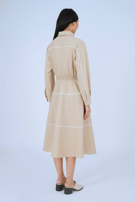 Shop_Leh Studios_Beige 100% Viscose Piping Collar Neck Broken Fence Shirt Dress _at_Aza_Fashions