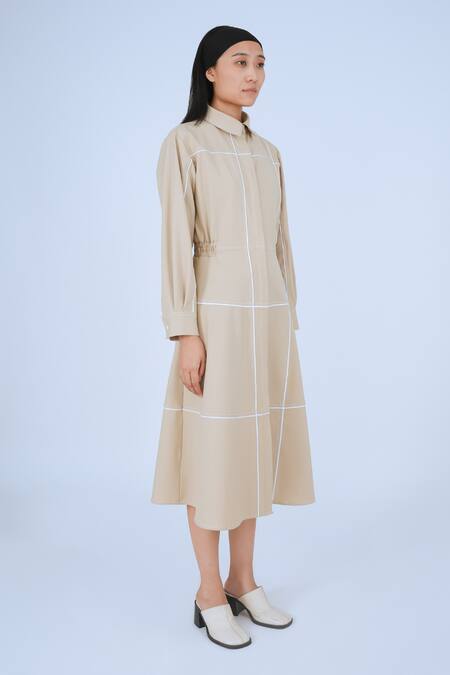 Buy_Leh Studios_Beige 100% Viscose Piping Collar Neck Broken Fence Shirt Dress _Online_at_Aza_Fashions