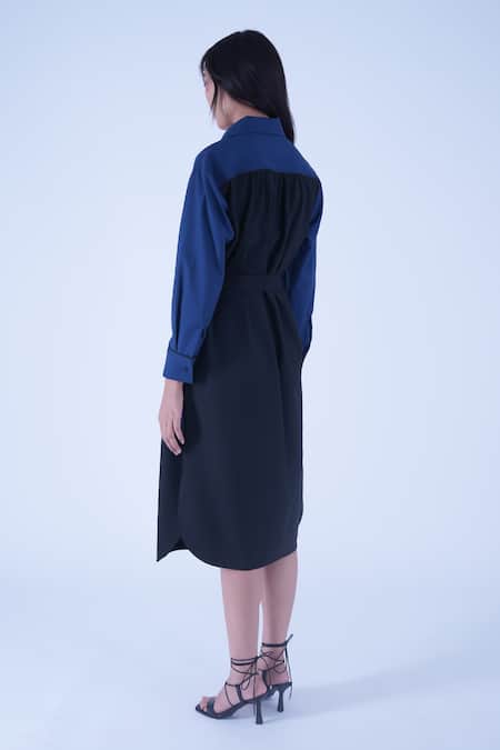 Shop Leh Studios Blue Viscose Piping Collared Broken Fence Shirt Dress With Belt at Aza Fashions Shop_Leh Studios_Blue Viscose Piping Collared Broken Fence Shirt Dress With Belt _at_Aza_Fashions