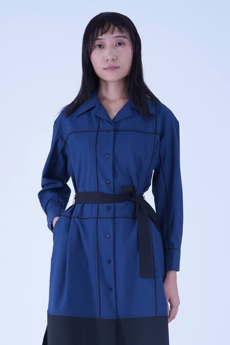Leh Studios Blue Viscose Piping Collared Broken Fence Shirt Dress With Belt Online at Aza Fashions Leh Studios_Blue Viscose Piping Collared Broken Fence Shirt Dress With Belt _Online_at_Aza_Fashions