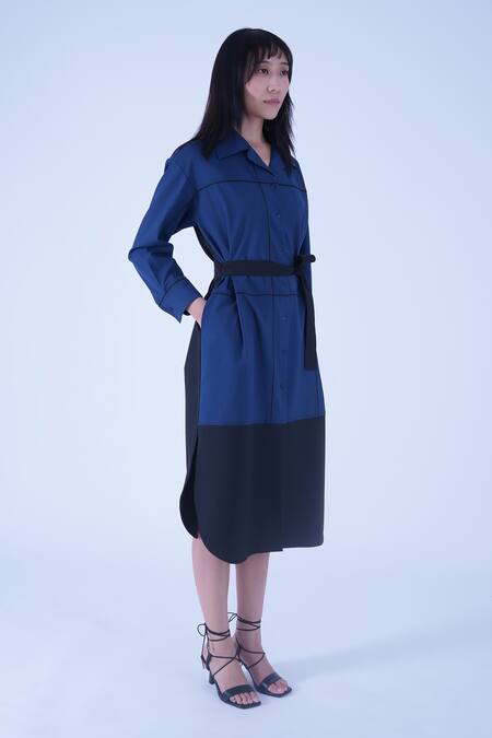 Buy Leh Studios Blue Viscose Piping Collared Broken Fence Shirt Dress With Belt Online at Aza Fashions Buy_Leh Studios_Blue Viscose Piping Collared Broken Fence Shirt Dress With Belt _Online_at_Aza_Fashions