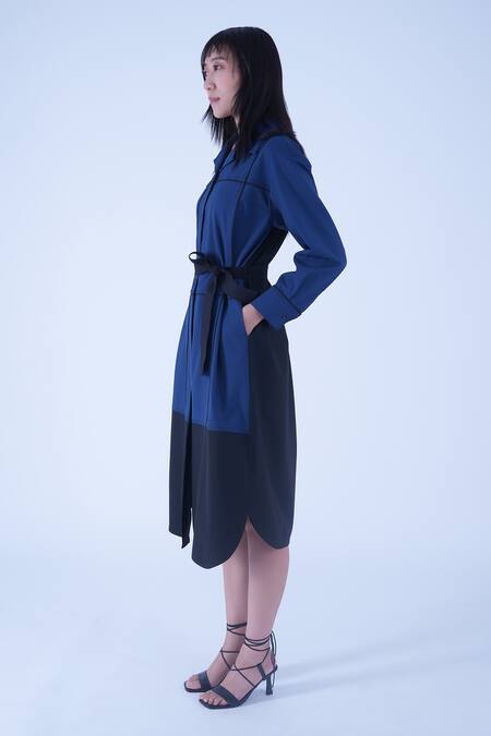 Shop Leh Studios Blue Viscose Piping Collared Broken Fence Shirt Dress With Belt Online at Aza Fashions Shop_Leh Studios_Blue Viscose Piping Collared Broken Fence Shirt Dress With Belt _Online_at_Aza_Fashions