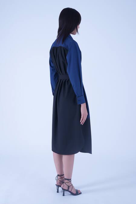 Leh Studios Blue Viscose Piping Collared Broken Fence Shirt Dress With Belt at Aza Fashions Leh Studios_Blue Viscose Piping Collared Broken Fence Shirt Dress With Belt _at_Aza_Fashions