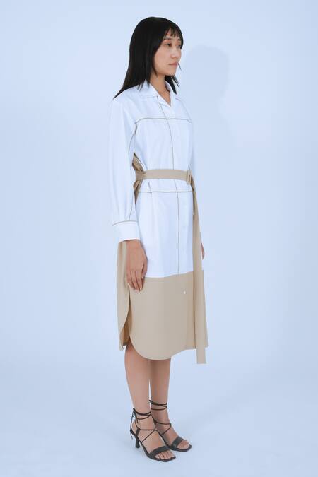 Leh Studios White Viscose Piping Collared Broken Fence Shirt Dress With Belt Online at Aza Fashions Leh Studios_White Viscose Piping Collared Broken Fence Shirt Dress With Belt _Online_at_Aza_Fashions