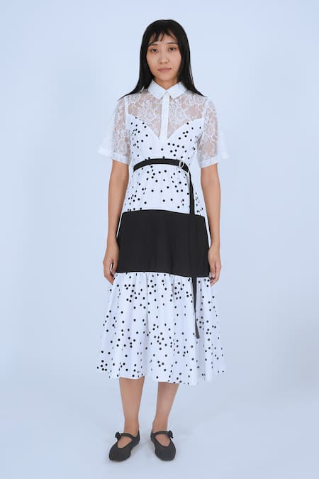 Leh Studios Cheese Platter Polka Print & Colorblocked Dress With Belt 