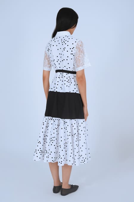 Shop Leh Studios Black Cotton Lace Cheese Platter Polka Print And Colorblocked Dress With Belt at Aza Fashions Shop_Leh Studios_Black Cotton Lace Cheese Platter Polka Print And Colorblocked Dress With Belt _at_Aza_Fashions
