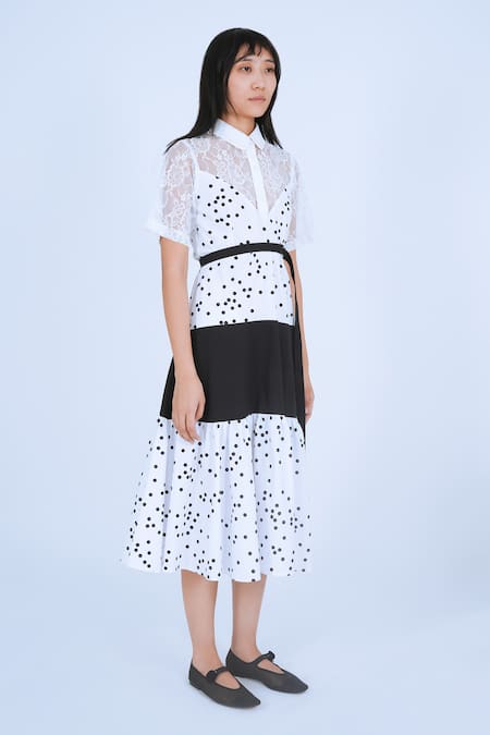 Leh Studios Black Cotton Lace Cheese Platter Polka Print And Colorblocked Dress With Belt Online at Aza Fashions Leh Studios_Black Cotton Lace Cheese Platter Polka Print And Colorblocked Dress With Belt _Online_at_Aza_Fashions