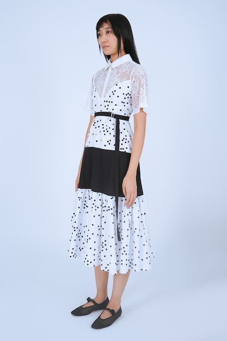 Shop Leh Studios Black Cotton Lace Cheese Platter Polka Print And Colorblocked Dress With Belt Online at Aza Fashions Shop_Leh Studios_Black Cotton Lace Cheese Platter Polka Print And Colorblocked Dress With Belt _Online_at_Aza_Fashions