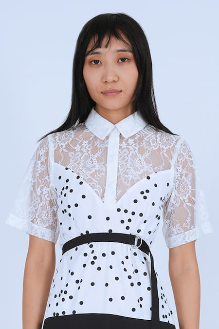 Leh Studios Black Cotton Lace Cheese Platter Polka Print And Colorblocked Dress With Belt at Aza Fashions Leh Studios_Black Cotton Lace Cheese Platter Polka Print And Colorblocked Dress With Belt _at_Aza_Fashions