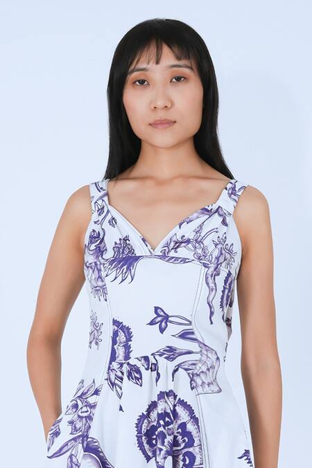 Leh Studios_Blue 100% Cotton Print Medieval Garden V Neck Chinoiserie Knot Dress _Online_at_Aza_Fashions
