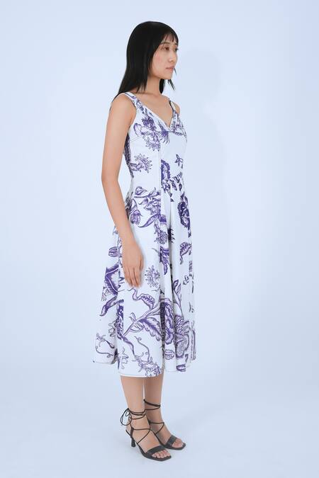 Buy_Leh Studios_Blue 100% Cotton Print Medieval Garden V Neck Chinoiserie Knot Dress _Online_at_Aza_Fashions