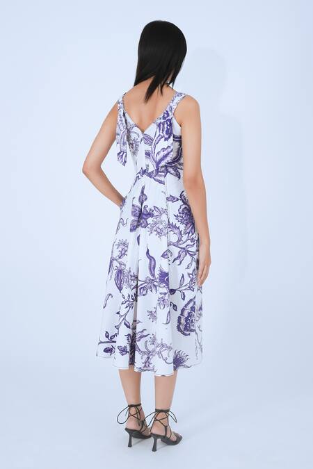 Shop_Leh Studios_Blue 100% Cotton Print Medieval Garden V Neck Chinoiserie Knot Dress _Online_at_Aza_Fashions