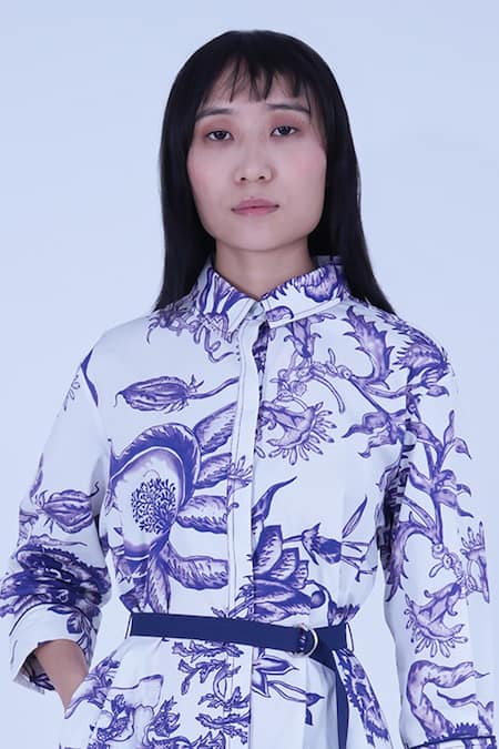 Shop Leh Studios Blue Cotton Buckles Collared Chinoiserie New Hanker Dress With Belt Online at Aza Fashions Shop_Leh Studios_Blue Cotton Buckles Collared Chinoiserie New Hanker Dress With Belt _Online_at_Aza_Fashions