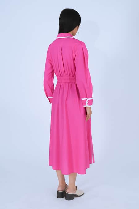 Shop Leh Studios Pink Cotton Piping Collared Chiyo Dress at Aza Fashions Shop_Leh Studios_Pink Cotton Piping Collared Chiyo Dress _at_Aza_Fashions