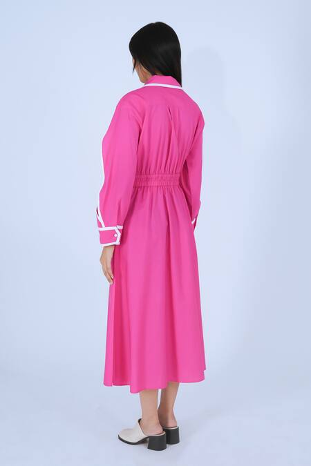 Shop Leh Studios Pink Cotton Piping Collared Chiyo Dress Online at Aza Fashions Shop_Leh Studios_Pink Cotton Piping Collared Chiyo Dress _Online_at_Aza_Fashions