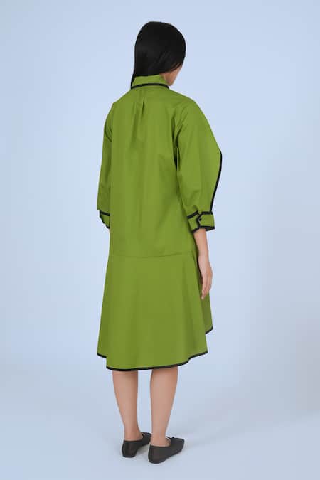 Shop Leh Studios Green Cotton Piping Collared Chiyo Detail Festive Dress at Aza Fashions Shop_Leh Studios_Green Cotton Piping Collared Chiyo Detail Festive Dress _at_Aza_Fashions