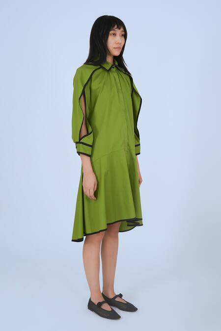 Leh Studios Green Cotton Piping Collared Chiyo Detail Festive Dress Online at Aza Fashions Leh Studios_Green Cotton Piping Collared Chiyo Detail Festive Dress _Online_at_Aza_Fashions
