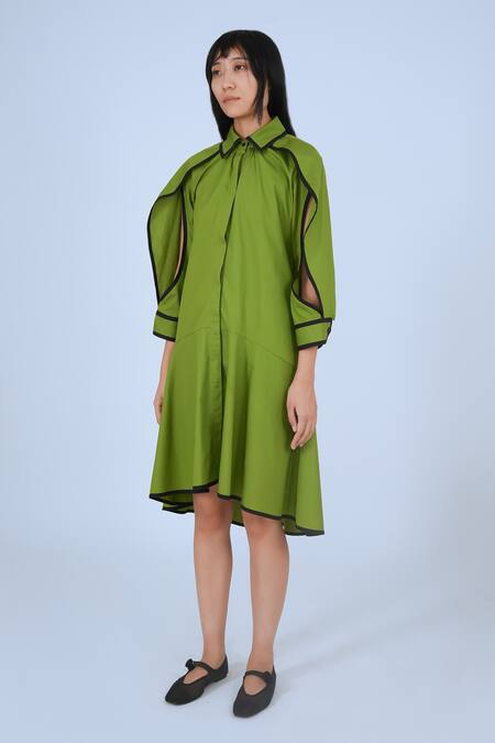 Shop Leh Studios Green Cotton Piping Collared Chiyo Detail Festive Dress Online at Aza Fashions Shop_Leh Studios_Green Cotton Piping Collared Chiyo Detail Festive Dress _Online_at_Aza_Fashions