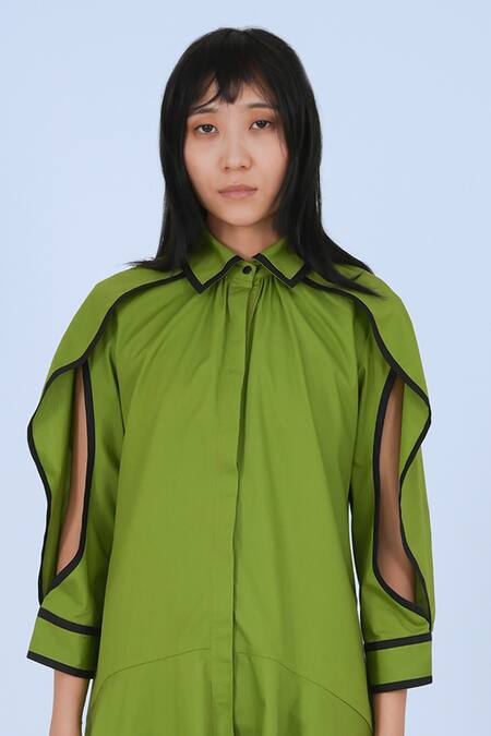 Leh Studios Green Cotton Piping Collared Chiyo Detail Festive Dress at Aza Fashions Leh Studios_Green Cotton Piping Collared Chiyo Detail Festive Dress _at_Aza_Fashions