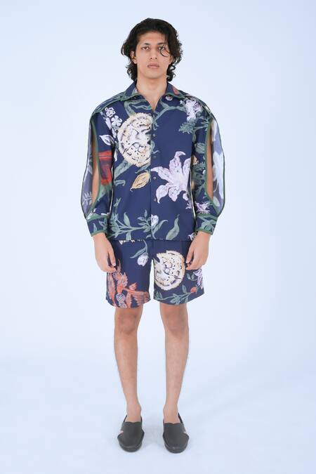 Leh Studios_Blue 100% Cotton Print Bloom Evening Chiyo Shirt _Online_at_Aza_Fashions