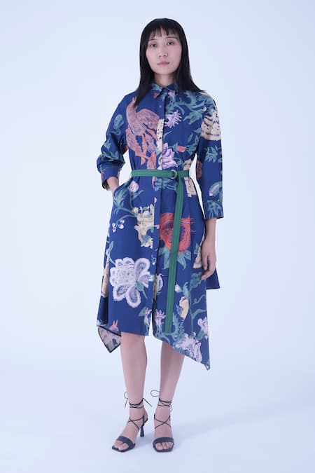 Leh Studios Blue 100% Cotton Print Bloom Collar Neck Evening New Hanker Dress With Belt 