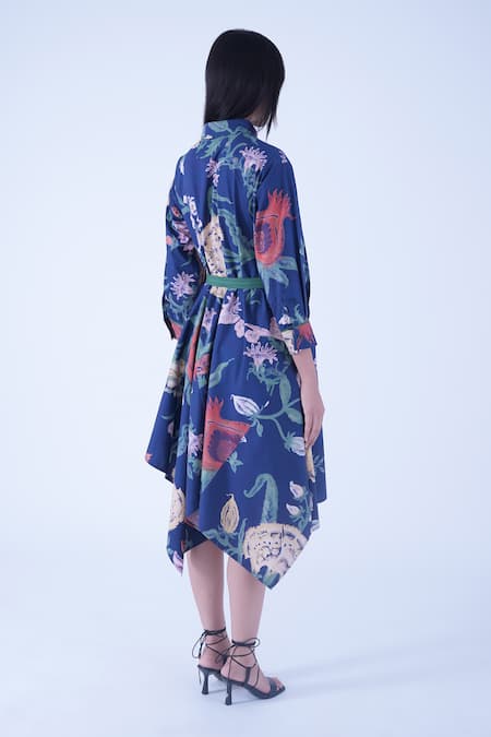 Shop Leh Studios Blue Cotton Buckles Collared Evening Bloom New Hanker Dress With Belt at Aza Fashions Shop_Leh Studios_Blue Cotton Buckles Collared Evening Bloom New Hanker Dress With Belt _at_Aza_Fashions