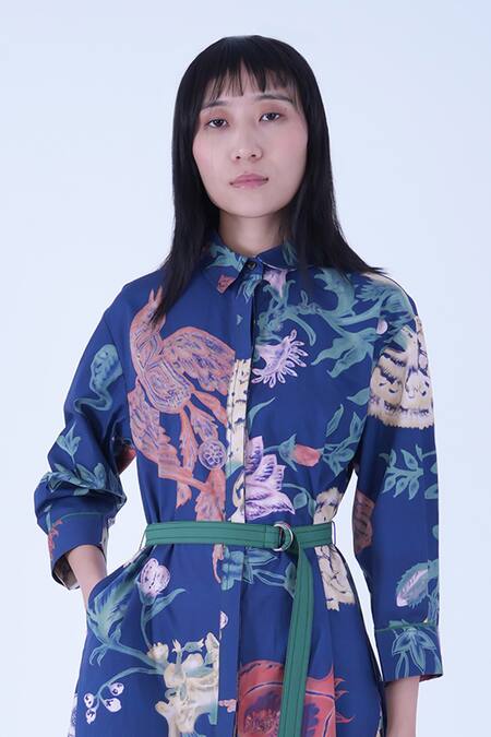 Leh Studios Blue Cotton Buckles Collared Evening Bloom New Hanker Dress With Belt Online at Aza Fashions Leh Studios_Blue Cotton Buckles Collared Evening Bloom New Hanker Dress With Belt _Online_at_Aza_Fashions