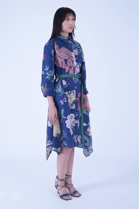 Buy Leh Studios Blue Cotton Buckles Collared Evening Bloom New Hanker Dress With Belt Online at Aza Fashions Buy_Leh Studios_Blue Cotton Buckles Collared Evening Bloom New Hanker Dress With Belt _Online_at_Aza_Fashions