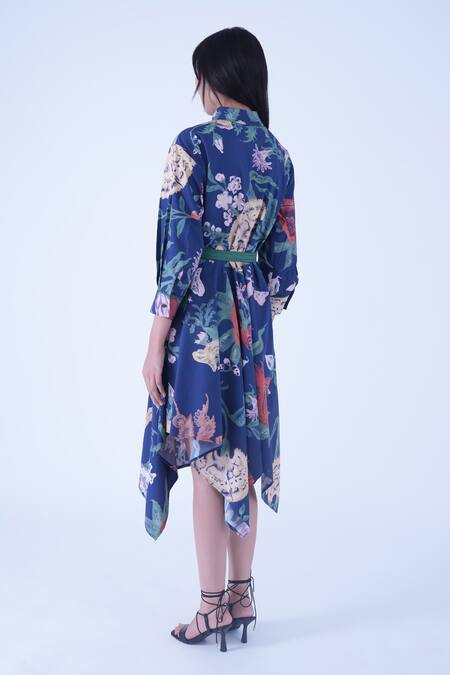 Shop Leh Studios Blue Cotton Buckles Collared Evening Bloom New Hanker Dress With Belt Online at Aza Fashions Shop_Leh Studios_Blue Cotton Buckles Collared Evening Bloom New Hanker Dress With Belt _Online_at_Aza_Fashions