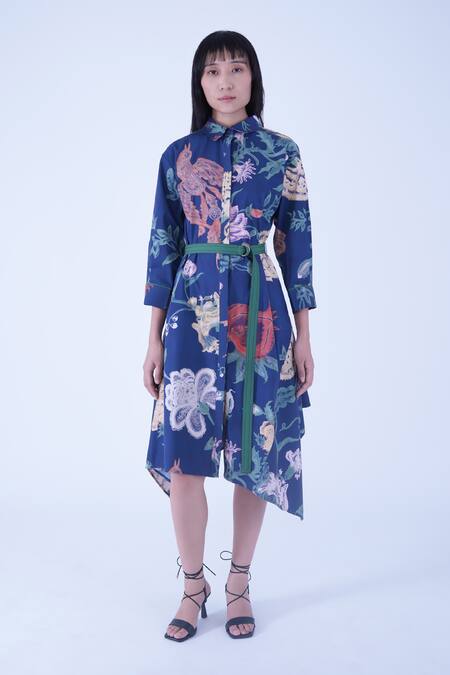 Buy Leh Studios Blue Cotton Buckles Collared Evening Bloom New Hanker Dress With Belt Buy_Leh Studios_Blue Cotton Buckles Collared Evening Bloom New Hanker Dress With Belt