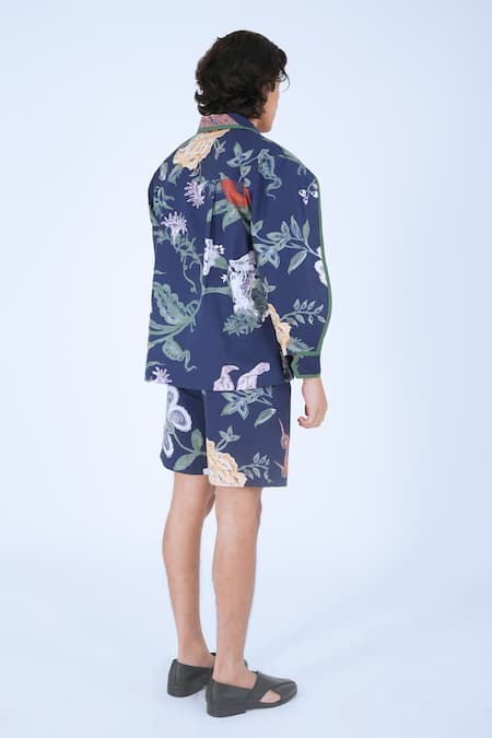 Shop Leh Studios Blue 100% Cotton Print Bloom Evening Shorts at Aza Fashions Shop_Leh Studios_Blue 100% Cotton Print Bloom Evening Shorts _at_Aza_Fashions