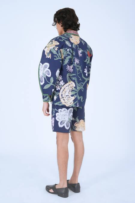 Shop Leh Studios Blue 100% Cotton Print Bloom Evening Shorts Online at Aza Fashions Shop_Leh Studios_Blue 100% Cotton Print Bloom Evening Shorts _Online_at_Aza_Fashions