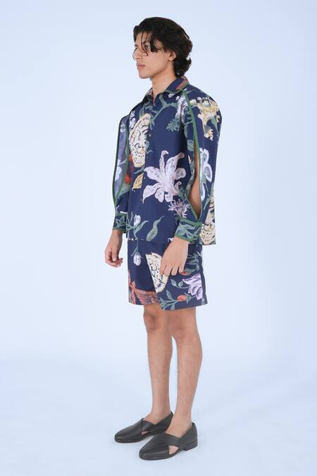 Leh Studios Blue 100% Cotton Print Bloom Evening Shorts at Aza Fashions Leh Studios_Blue 100% Cotton Print Bloom Evening Shorts _at_Aza_Fashions