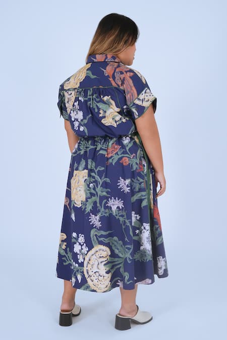 Shop Leh Studios Blue Cotton Buckles Collared Evening Bloom Tong Dress at Aza Fashions Shop_Leh Studios_Blue Cotton Buckles Collared Evening Bloom Tong Dress _at_Aza_Fashions