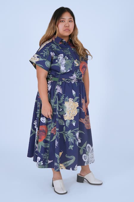 Leh Studios Blue Cotton Buckles Collared Evening Bloom Tong Dress Online at Aza Fashions Leh Studios_Blue Cotton Buckles Collared Evening Bloom Tong Dress _Online_at_Aza_Fashions