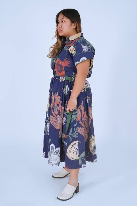 Shop Leh Studios Blue Cotton Buckles Collared Evening Bloom Tong Dress Online at Aza Fashions Shop_Leh Studios_Blue Cotton Buckles Collared Evening Bloom Tong Dress _Online_at_Aza_Fashions