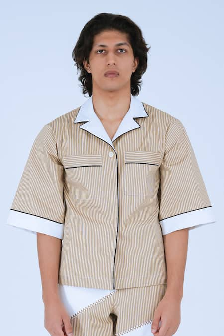 Leh Studios Beige 100% Cotton Print Striped Fumi Camp Collar Shirt 