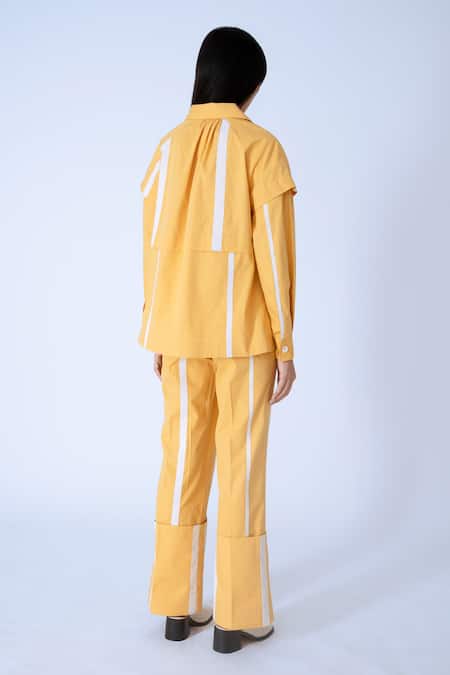 Shop Leh Studios Yellow Cotton Collared Fumi Broken Line Pattern Jacket at Aza Fashions Shop_Leh Studios_Yellow Cotton Collared Fumi Broken Line Pattern Jacket _at_Aza_Fashions