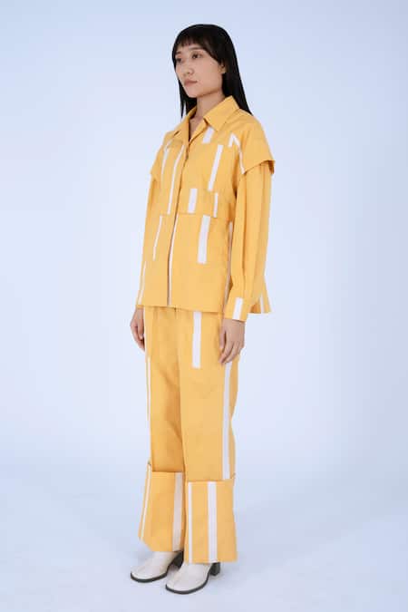 Buy Leh Studios Yellow Cotton Collared Fumi Broken Line Pattern Jacket Online at Aza Fashions Buy_Leh Studios_Yellow Cotton Collared Fumi Broken Line Pattern Jacket _Online_at_Aza_Fashions