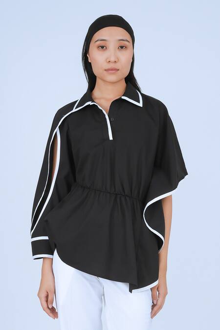 Leh Studios Black Cotton Piping Collared Kinki Top at Aza Fashions Leh Studios_Black Cotton Piping Collared Kinki Top _at_Aza_Fashions