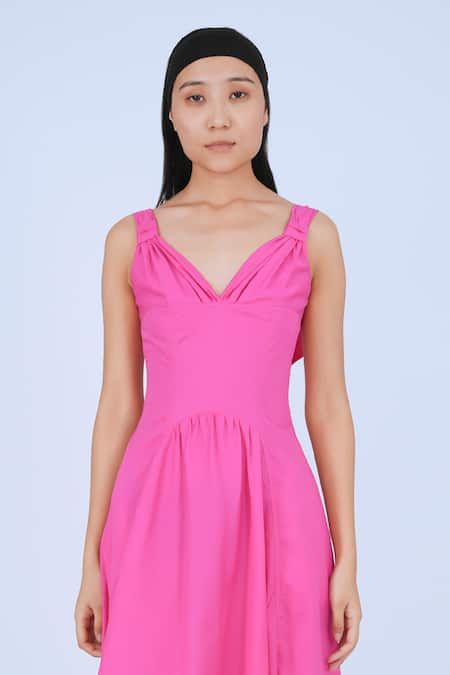 Leh Studios Pink Cotton V-neck Solid Knot Dress Online at Aza Fashions Leh Studios_Pink Cotton V-neck Solid Knot Dress _Online_at_Aza_Fashions